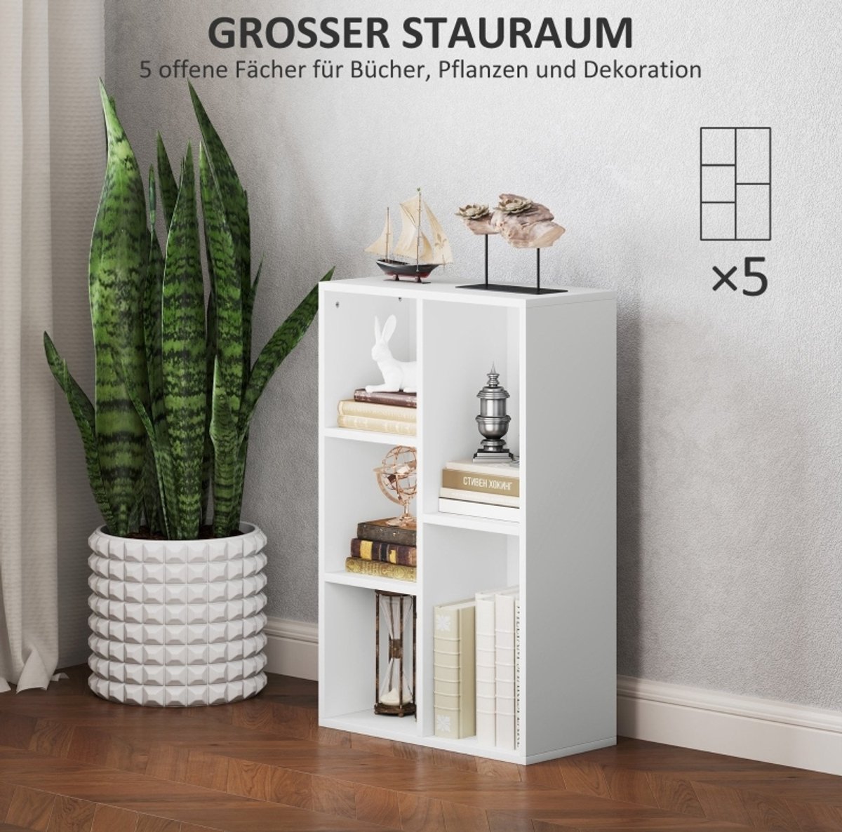 REDOM Boekenkast - 5 open vakken - Horizontaal of verticaal te plaatsen - Kipbeveiliging - Woonkamer slaapkamer of kantoor - Spaanplaat - Wit - 50 x 24 x 80 cm