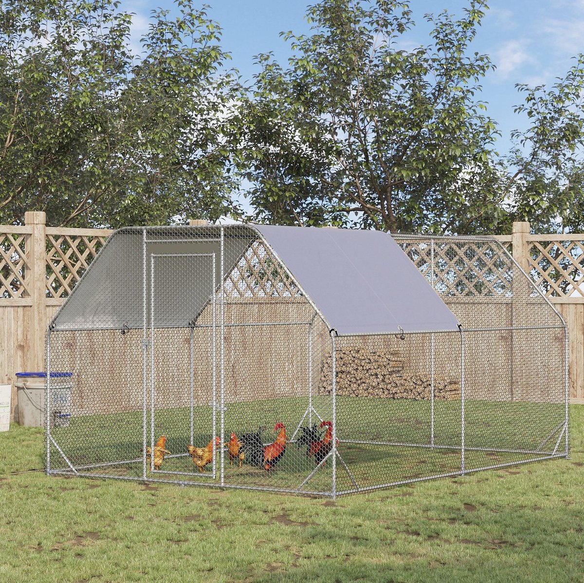 REDOM - Hühnerstall Freilaufgehege - Metalen constructie met vergrendelbare deur en waterafstotend dak - Voor buitengebruik - Stof en metaal - Zilver - 280 x 380 x 195 cm