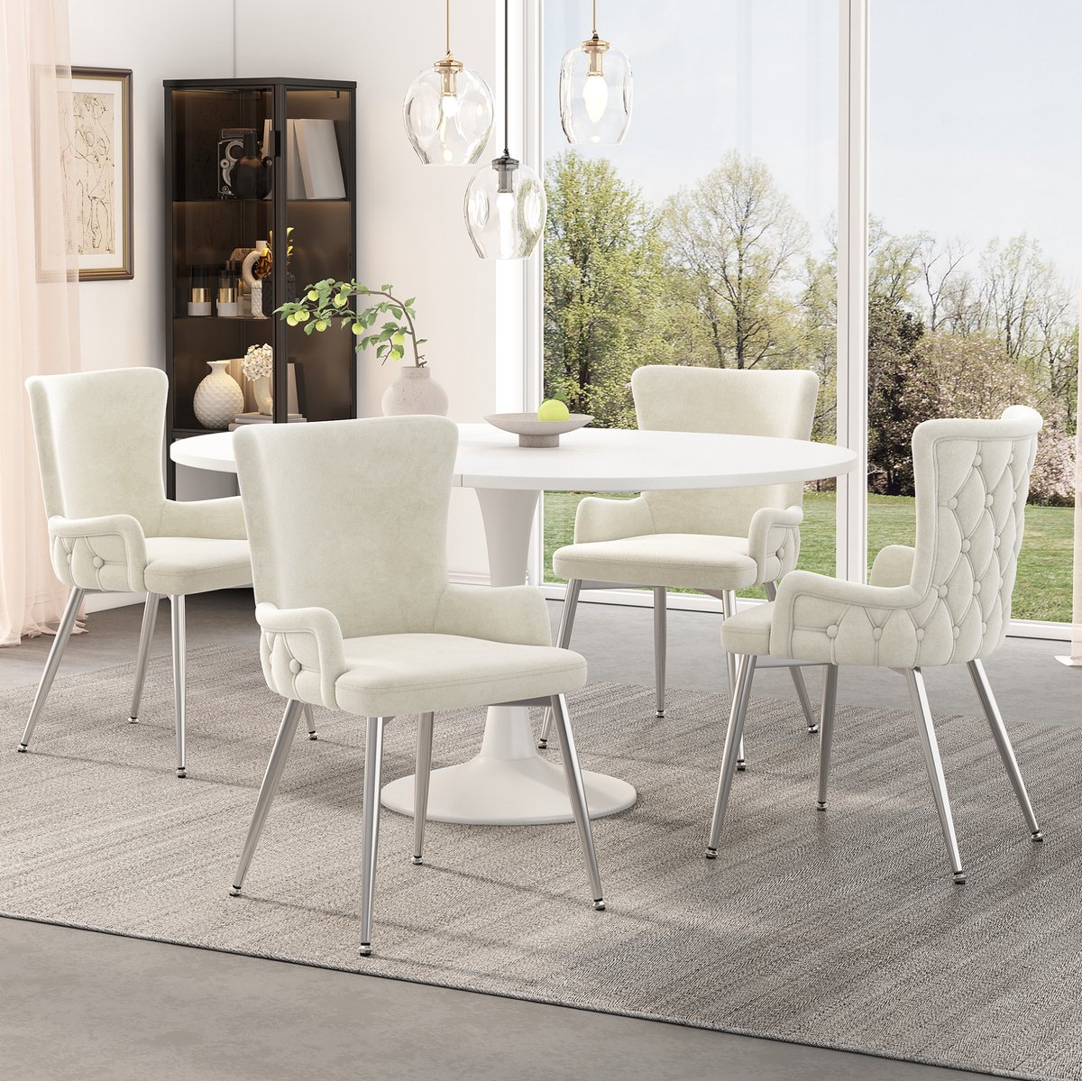 Eetkamerstoel Set van 4 - Gestoffeerd Met Armleuningen En Hoge Rugleuning - Voor Eetkamer Woonkamer En Slaapkamer - Fluweel - Beige En Zilver