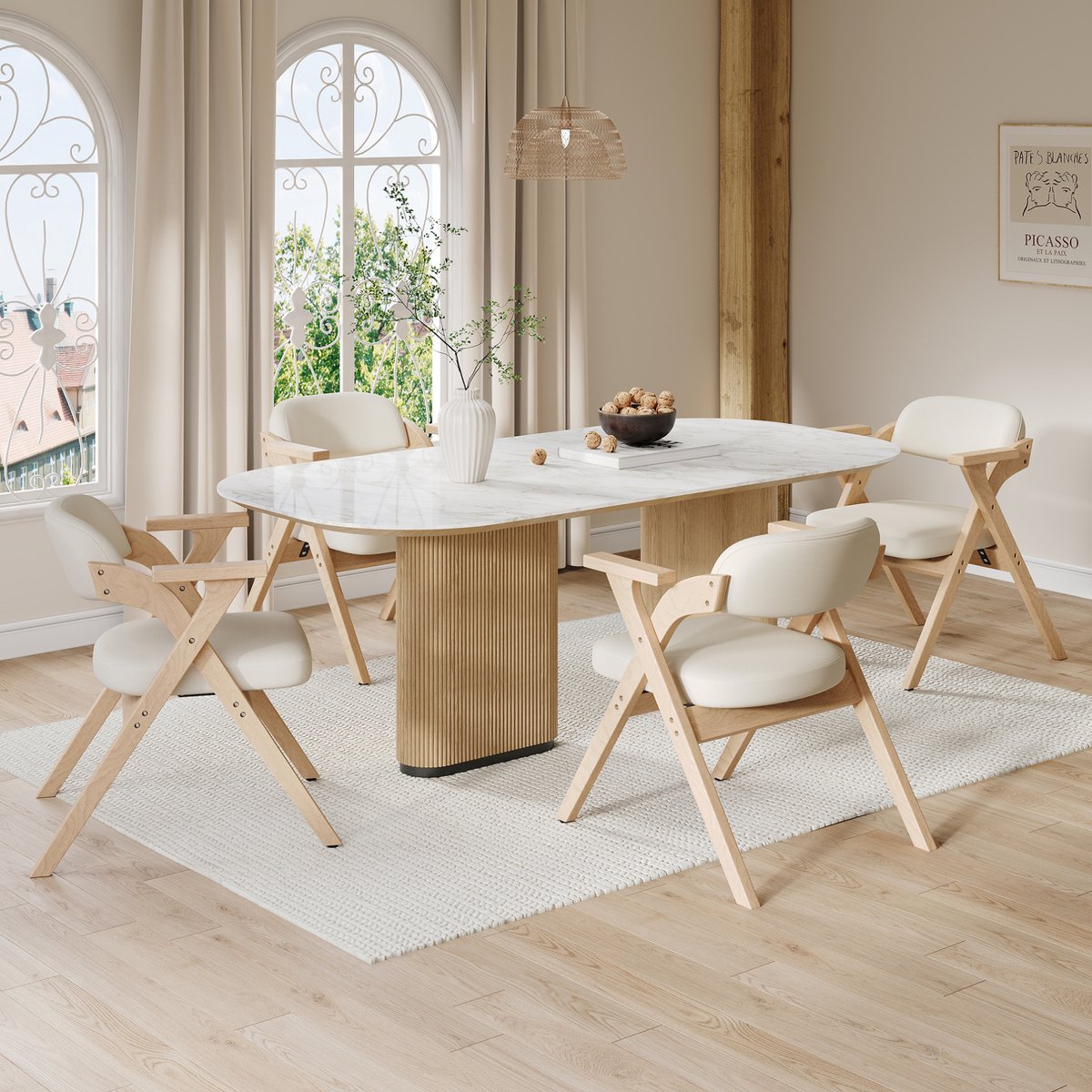 STILVORA Eetkamerstoel - Klapbaar - Set Van 4 - Met Armleuningen En Stoffen Zitting - Voor Eetkamer, Woonkamer En Café - Hout Beige