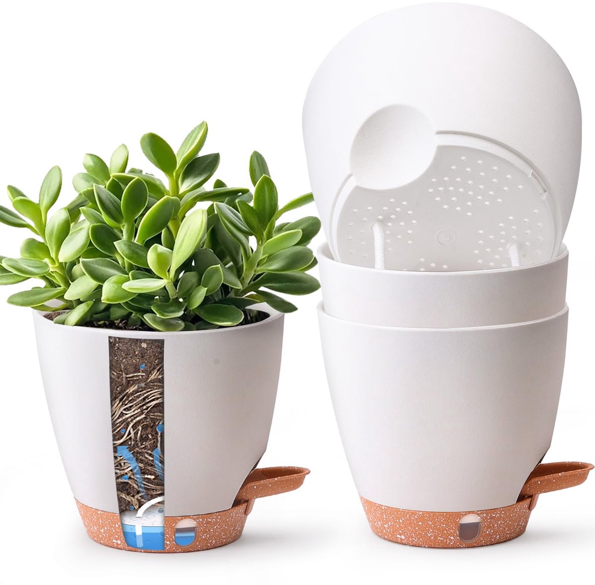 Famanu – Zelfbewaterende bloempotten set van 4, 15 cm, wit, ideaal voor het verzorgen van planten