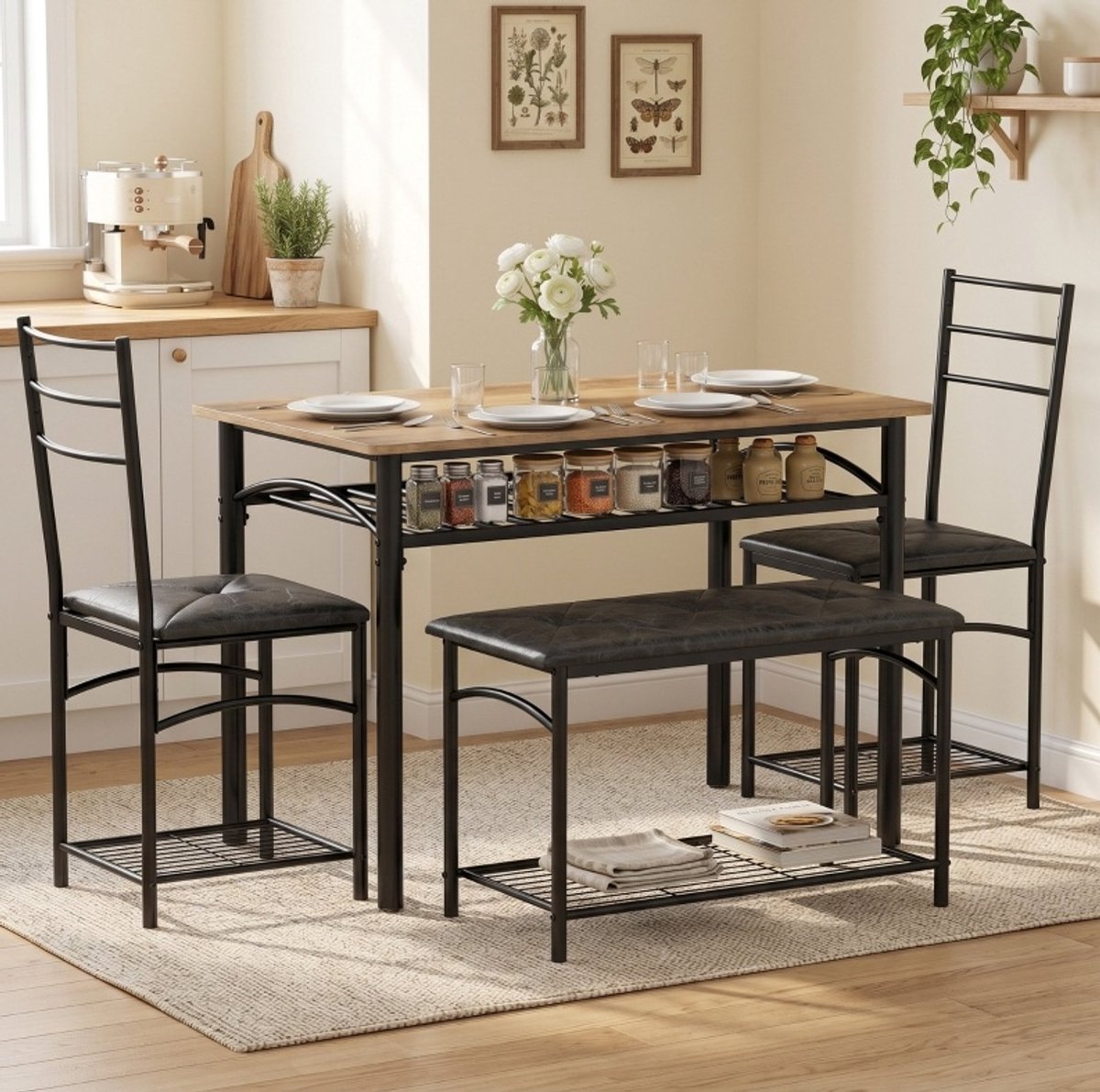 Set Tafel En Stoelen 4 Delig Voor 4 Personen Met Opbergrek Industriële Houtlook Metaal Rustic Bruin