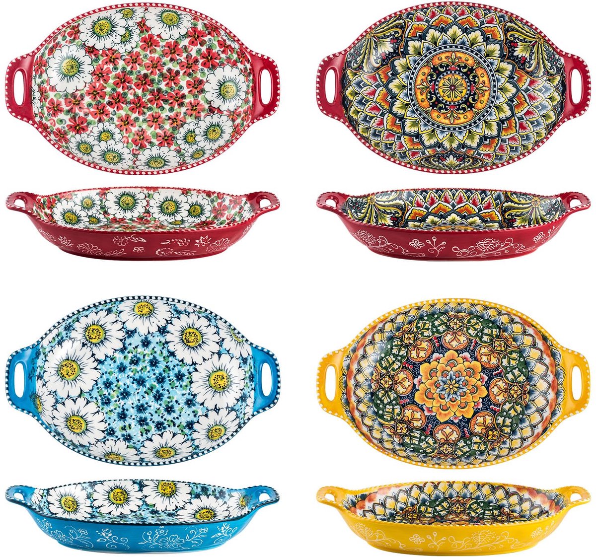 Famanu – Set van 4 porseleinen slakom met handgrepen, grote pastakom en fruitschalen van 947 ml, levendige kleuren voor entertaining en feestelijke gelegenheden