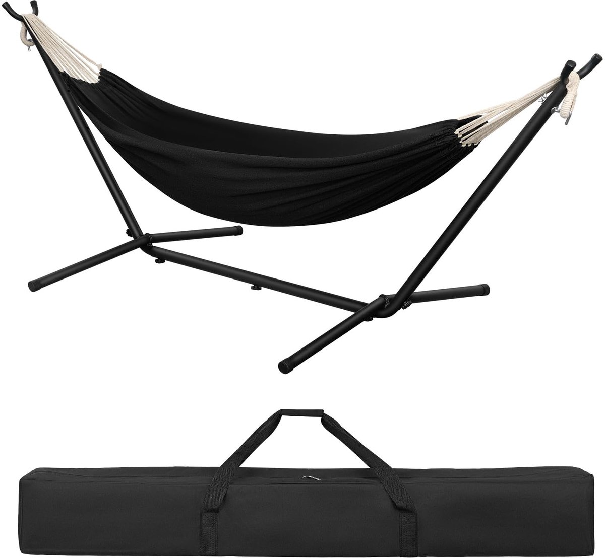 Famanu – Hangmat met frame, geschikt voor binnen en buiten, dubbel voor 2 personen, belastbaar tot 250 kg, met draagtas, zwarte kleur, 280 x 106 x 100 cm