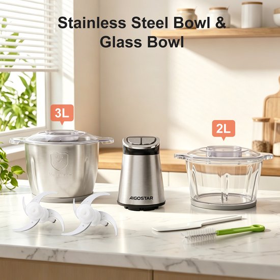 Aigostar Hakmolen Elektrisch - Food Chopper - RVS 3L Kom & Glazen 2L Kom - Timer - 2 Snelheden -400W van Aigostar — afbeelding 3