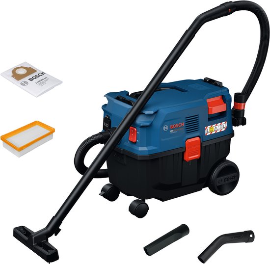 Bosch GAS 12-25 LS stofzuiger met blauw en zwart reservoir, slang, buis, zuigmond en accessoires.