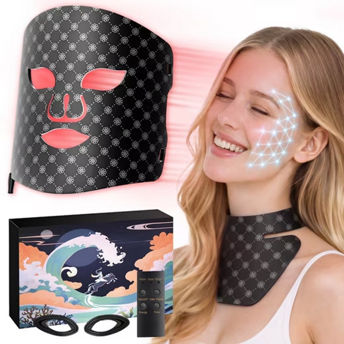 FOSMET LED Gezichtsmasker - Roodlichttherapie - Huidverjongingsapparaat - en Nekmasker voor Thuisgebruik - 5 Intensiteitsniveaus - Ingebouwde Timer - Instelbare Band - Huidverzorging Cadeau voor Dames en Heren - 7 Kleuren & 660 LED's