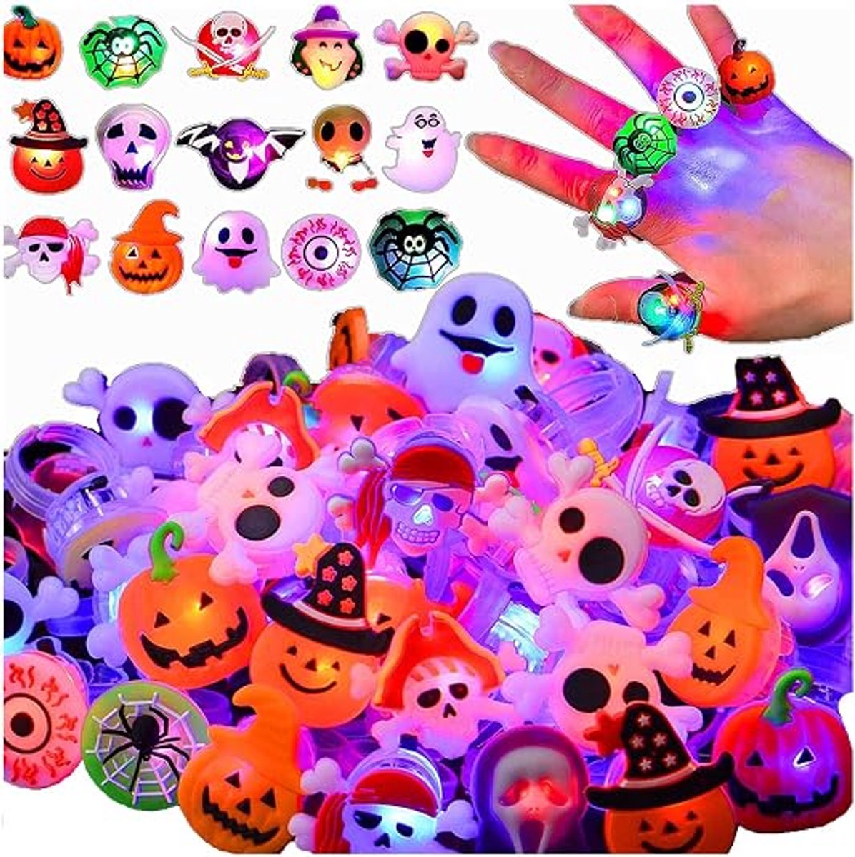 Daity 50 stuks - Halloween lichtgevende ringen - perfect als Halloween-cadeau - LED-lichtgevende ringen voor kinderen en volwassenen（Willekeurig patroon）