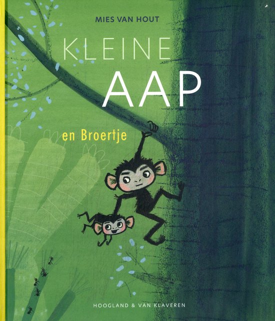 Boek 'Kleine Aap en Broertje' met illustratie van twee apen aan een tak, boomstam en mieren.