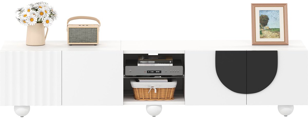 Merax Televisiemeubel 180 cm - Wit met zwarte accenten - 4 deuren - Drukopening - Kabeldoorvoer - Veel opbergruimte