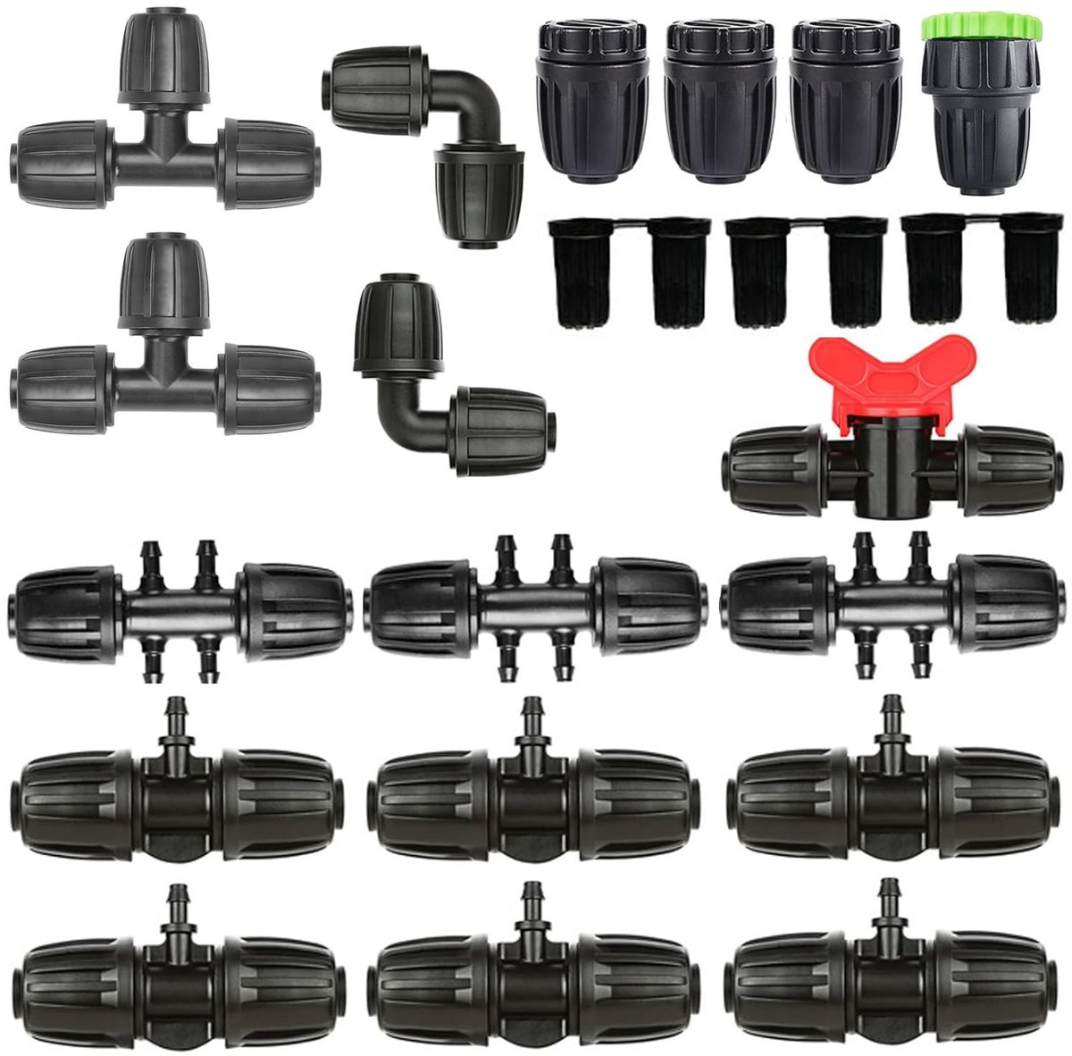 21-delige Drip Irrigation Tee Tubing Adapter Set, Universele Irrigatie Fitting met Barbed Locking voor 1/2 en 1/4 inch Slangen, 6-Weg Adapter voor Tuin en Landbouw