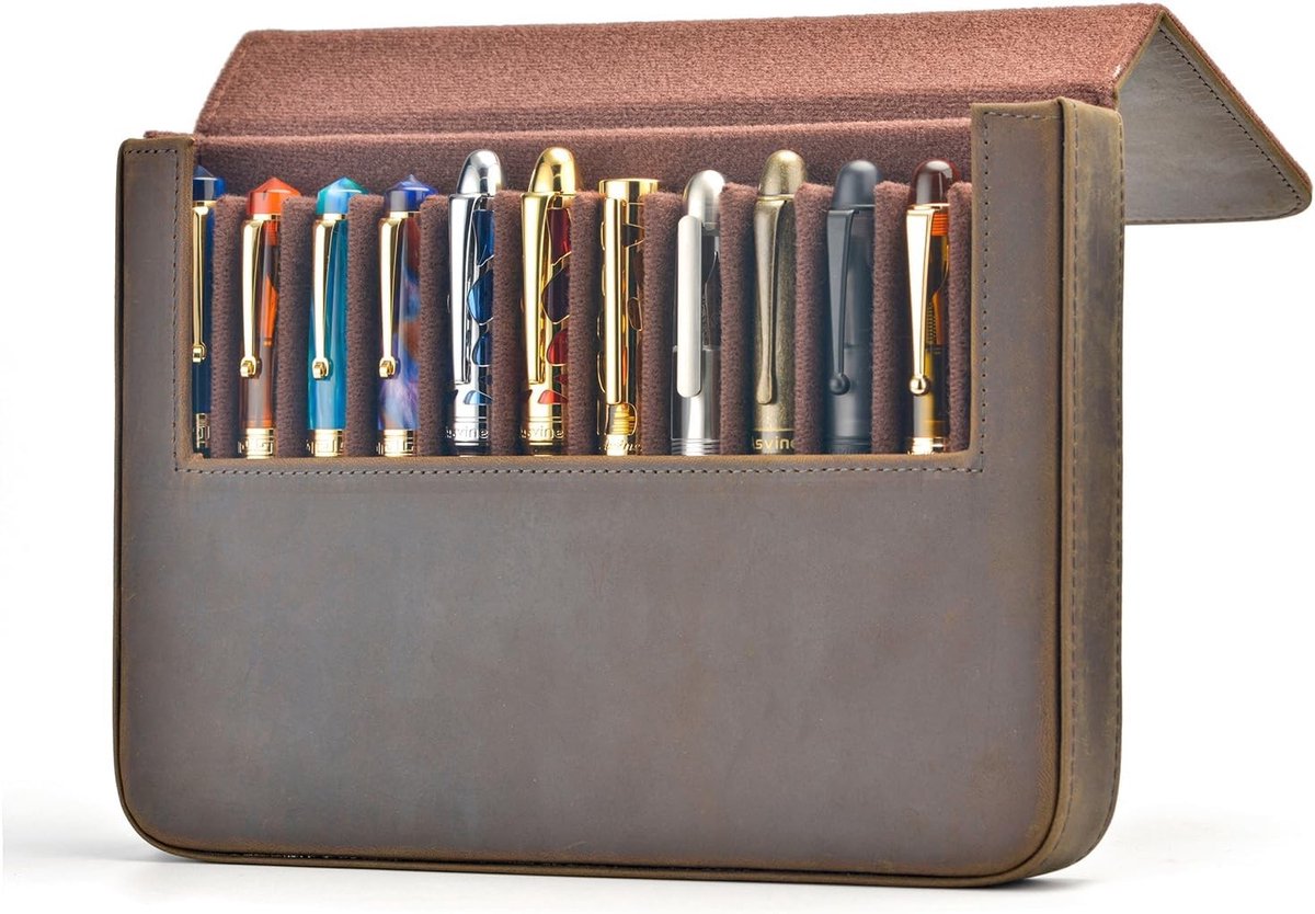 Handgemaakte leren pennezak in zwart, koffie en vintage kleuren - Retro en stijlvolle opberging voor vulpennen