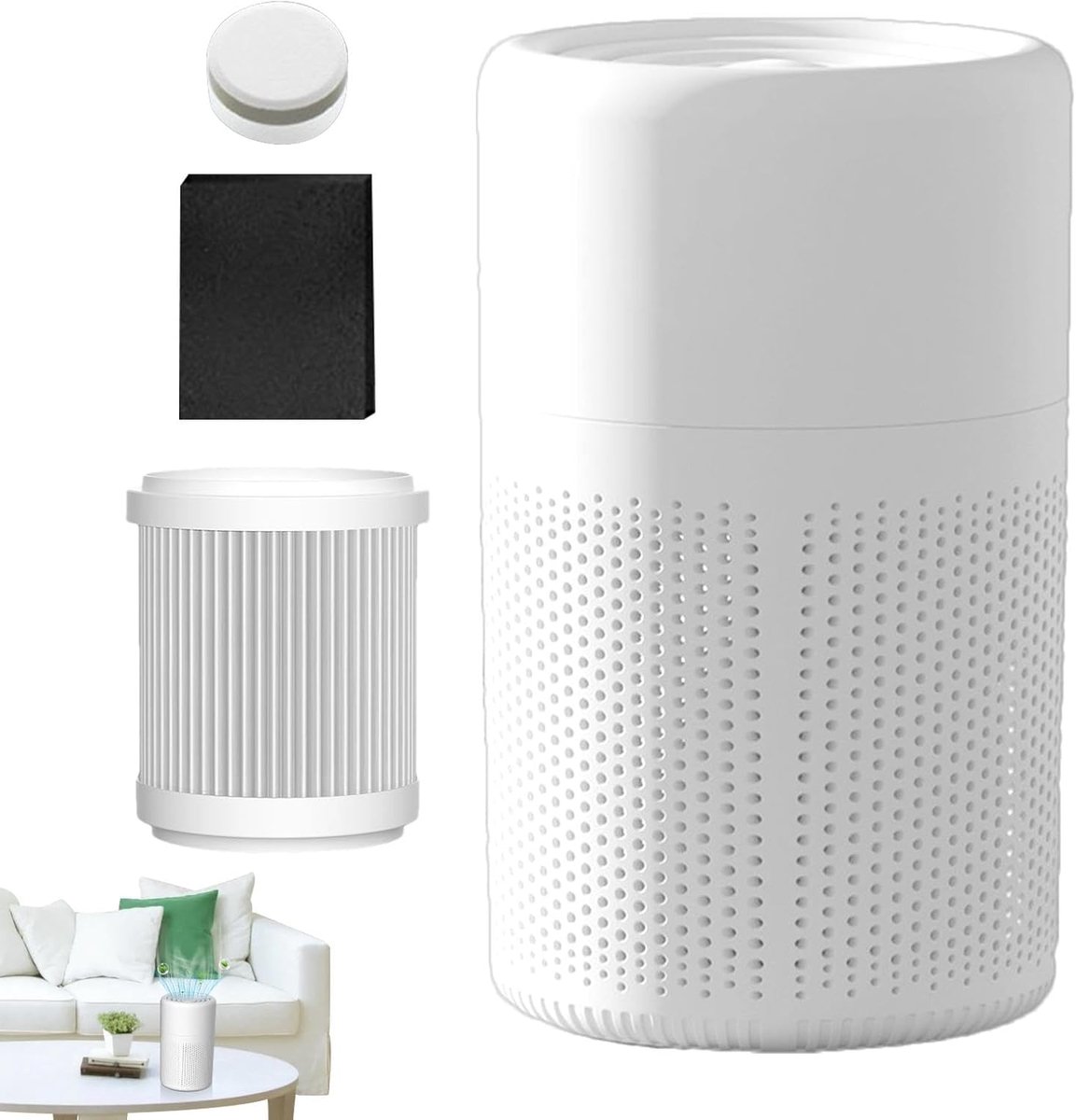 Luchtreiniger - met Actief Koolfilter - Fluisterstille Air Purifier - voor Slaapkamer, Huisdieren en Allergieën - 3-Traps Filtratie - Wit