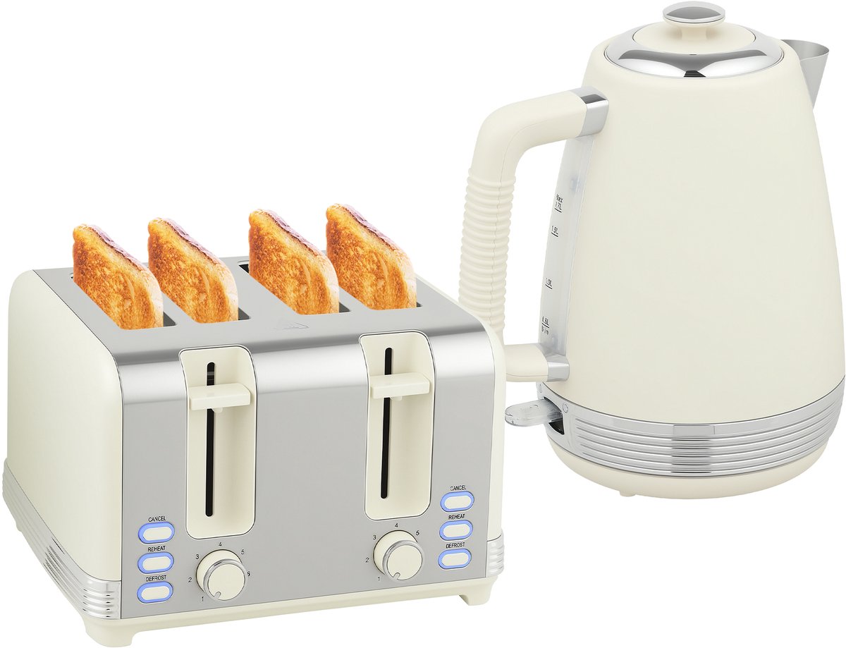 TEKROA® Waterkoker en broodrooster set - 1,7 liter, 2200 watt, Strix thermostaat, filter, broodrooster voor 4 sneetjes - 7 bruiningsniveaus - kruimellade