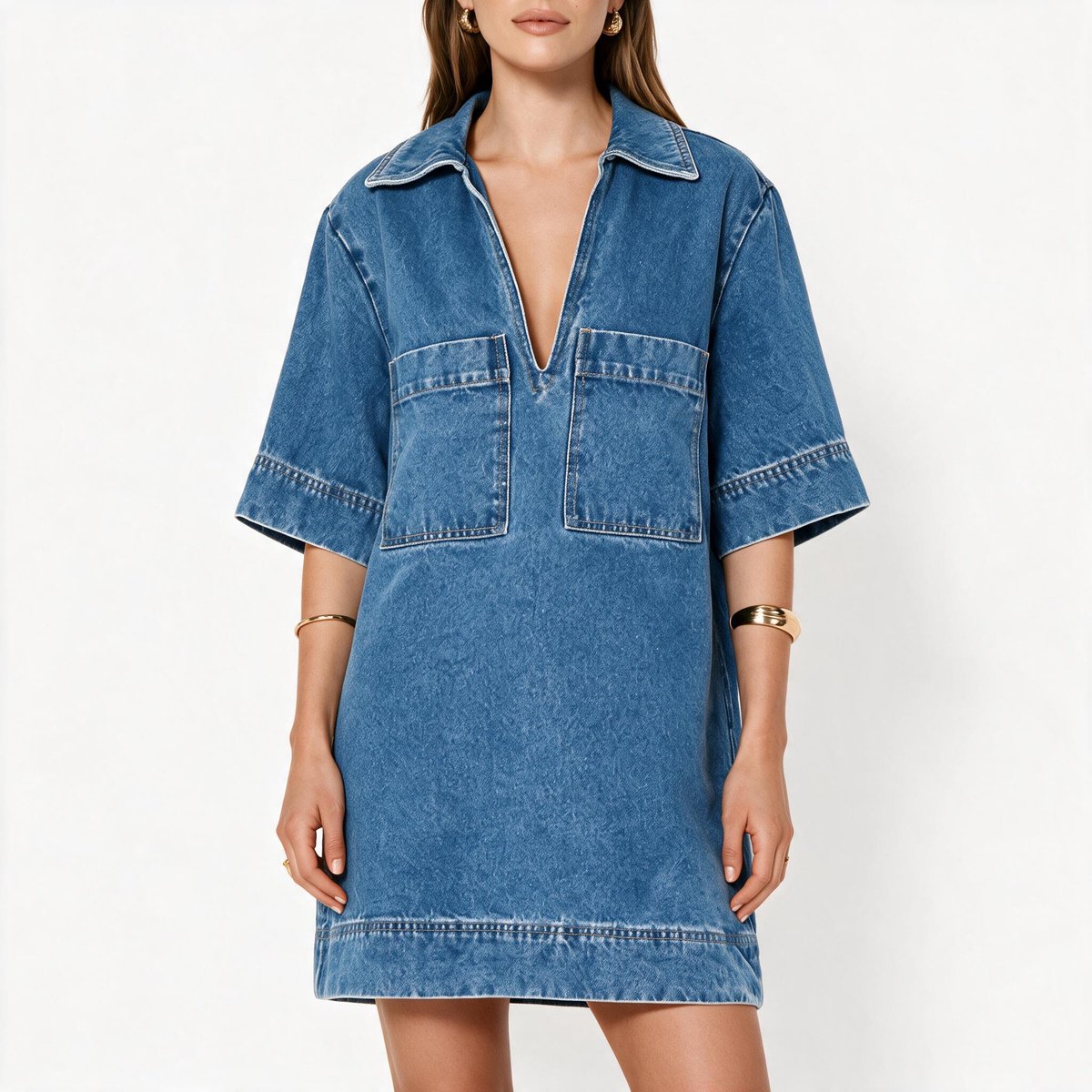 Imily Bela Dames Denim Mini Jurk met Kraag en Korte Mouwen