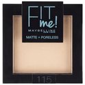 Maybelline Fit Me Matte + Poreless poeder in de kleur 115 Ivory. Het poeder zit in een zwarte verpakking met een doorzichtig venster.