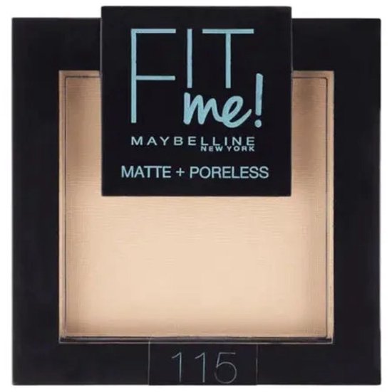 Maybelline Fit Me Matte + Poreless poeder in de kleur 115 Ivory. Het poeder zit in een zwarte verpakking met een doorzichtig venster.