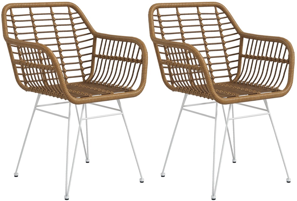 HOMCOM-Esszimmerstühle-PE-Rattan, Stahl-56L x 60B x 79H cm-Hellbraun+Weiß