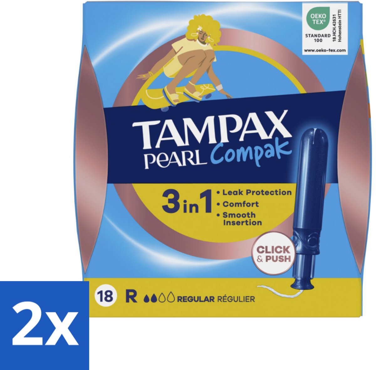 2 x Tampax – Tampons – Pearl Compak Regular met Inbrenghuls – 18 Tampons - Tampon - Menstruatiebescherming - Comfort - Bescherming - Discreet