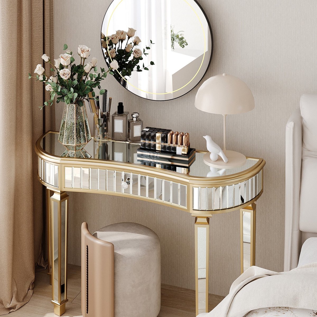 Wishdor Sidetable - Halvemaan spiegelend - Lade met kristalknop - Modern - Hal entree woonkamer slaapkamer kleedkamer - MDF en glas - Goud en zilver - 120 x 38 x 78 cm