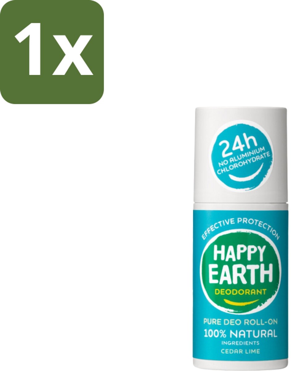 1 x Happy Earth – Deodorant Roll-On – 100% Natuurlijk Cedar Lime – 75 ml - Natuurlijke Deodorant - Cedar Lime - Roll-on Deodorant - Geur Ceder En Limoen - Botanische Extracten