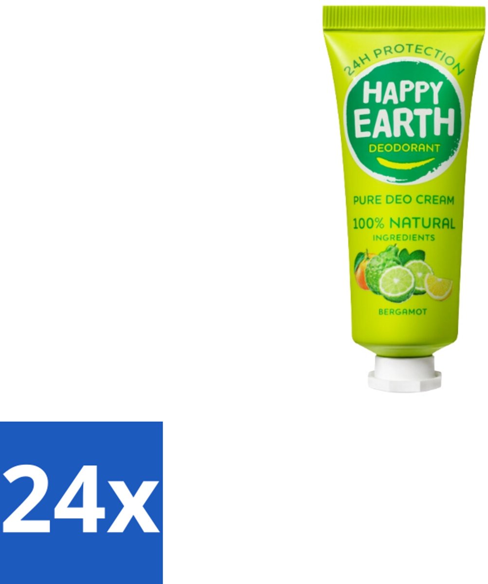 24 x Happy Earth – Deodorant Cream – 100% Natuurlijk Bergamot – 40 ml - Natuurlijke Deodorant - Bergamot Deodorant - Aluminiumvrije Deodorant - Vegan Deodorant - Huidvriendelijke Deodorant
