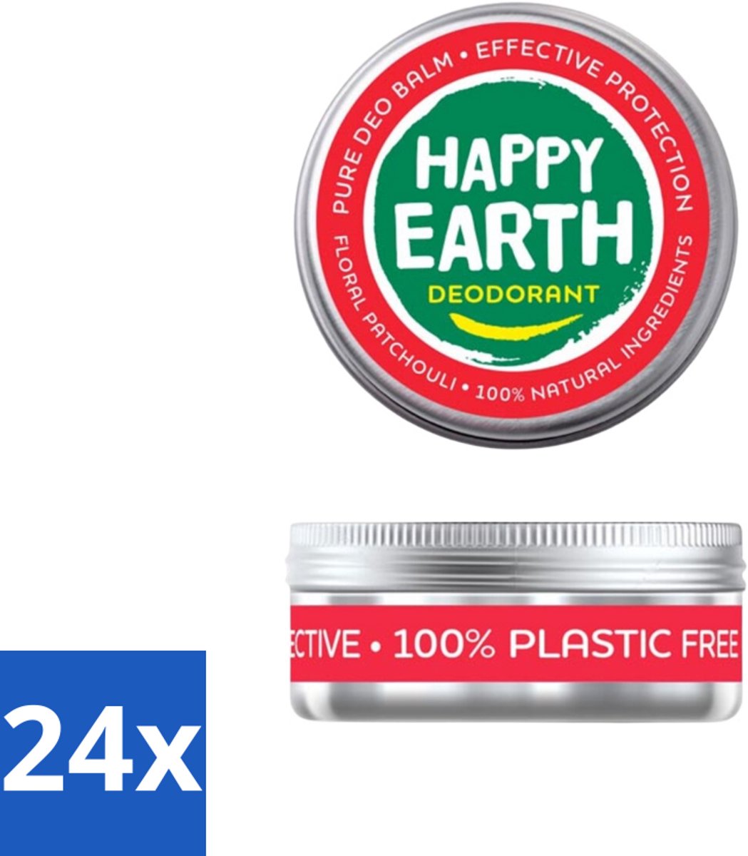 24 x Happy Earth – Deodorant Balm – 100% Natuurlijk Floral Patchouli – 45 g - Deodorant Balm - Natuurlijke Deodorant - Bloemige Geur - Patchouli - Huidvriendelijk