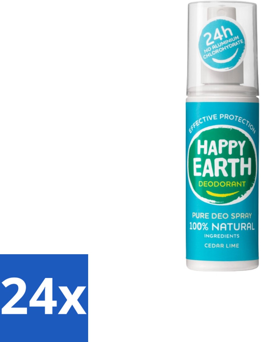 24 x Happy Earth – Deodorant Spray – 100% Natuurlijk Cedar Lime – 100 ml - Deodorant Spray - Fris Geur - Cederhout En Limoen - Natuurlijke Deodorant - Huidvriendelijk
