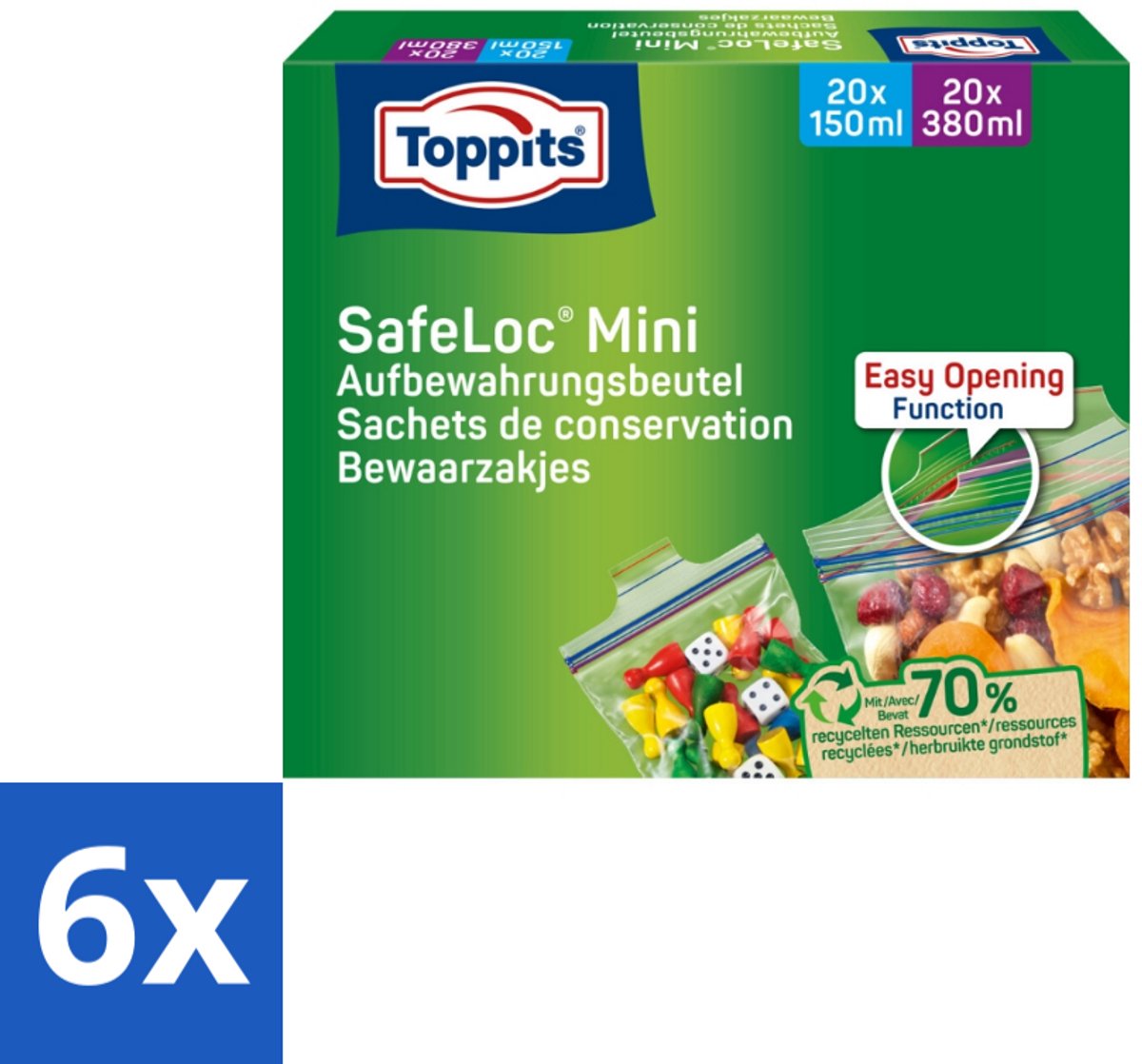 6 x Toppits – Safeloc Mini Zip-Zakjes – 40 Zakjes - Mini Zakjes - Lekvrij - Herbruikbaar - Herbruikbare Zakjes - Droge Opslag