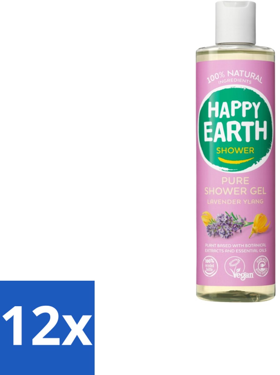 12 x Happy Earth – Douchegel – 100% Natuurlijk Lavender Ylang – 300 ml - Douche Gel - Natuurlijke Douche - Lavendel Douche - Ylang-ylang Douche - Vegan Douche