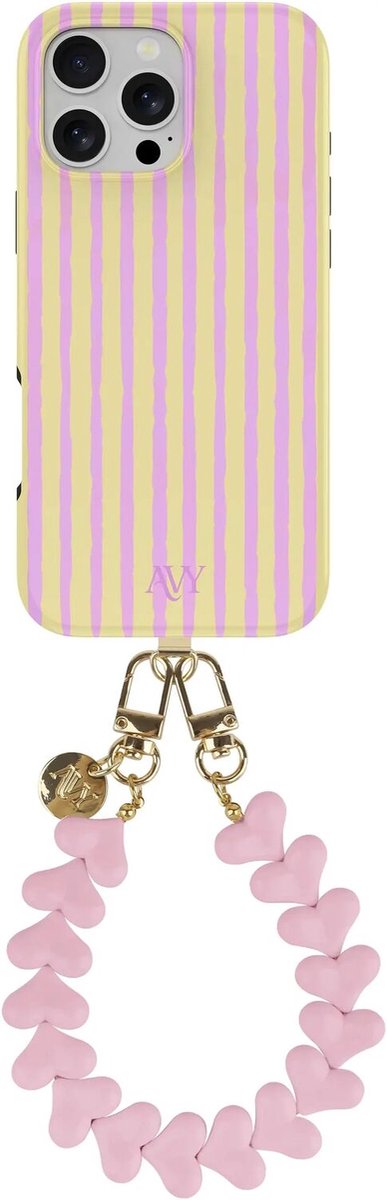 AVY Hoesje Met Telefoonkoord | Geschikt voor Apple iPhone 13 Pro | Compatibel met MagSafe & Qi2 | Hard Shell Back Cover | Stijlvol Bijpassend Koord Polsbandje (30CM) | Pink Lemonade