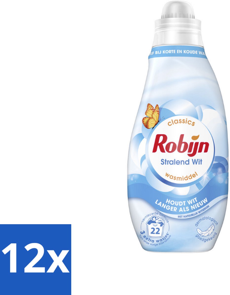 12 x Robijn – Vloeibaar Wasmiddel – Klein & Krachtig Classics Stralend Wit - 665 ml - Wit Wasmiddel - Wit En Licht Was - Wasmiddel Voor Wit - Wasmiddel Tegen Vergeling - Koud Wasmiddel