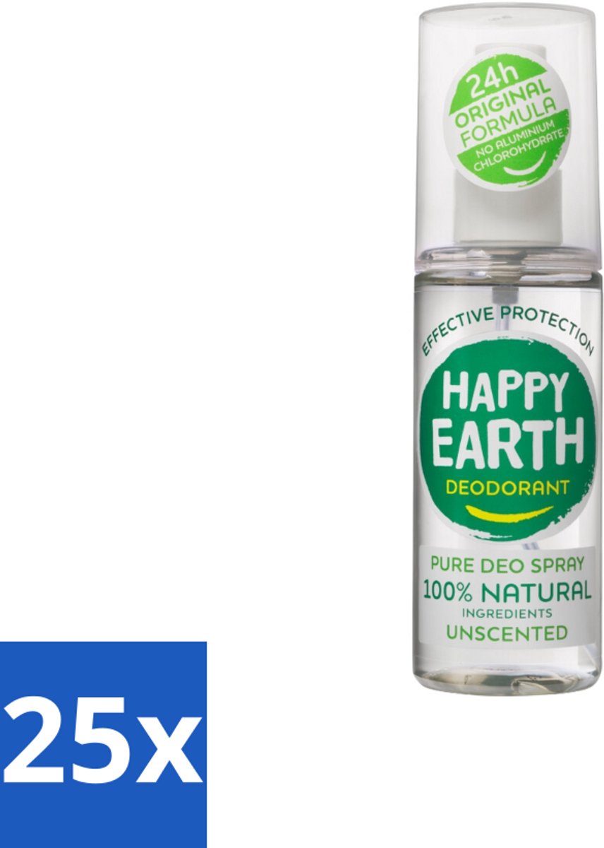 25 x Happy Earth – Deodorant Spray – 100% Natuurlijk Unscented – 100 ml - 100% Natuurlijk - Geurloos - Hypoallergene Deodorant - Natuurlijke Mineralen - Biologische Aloë Vera