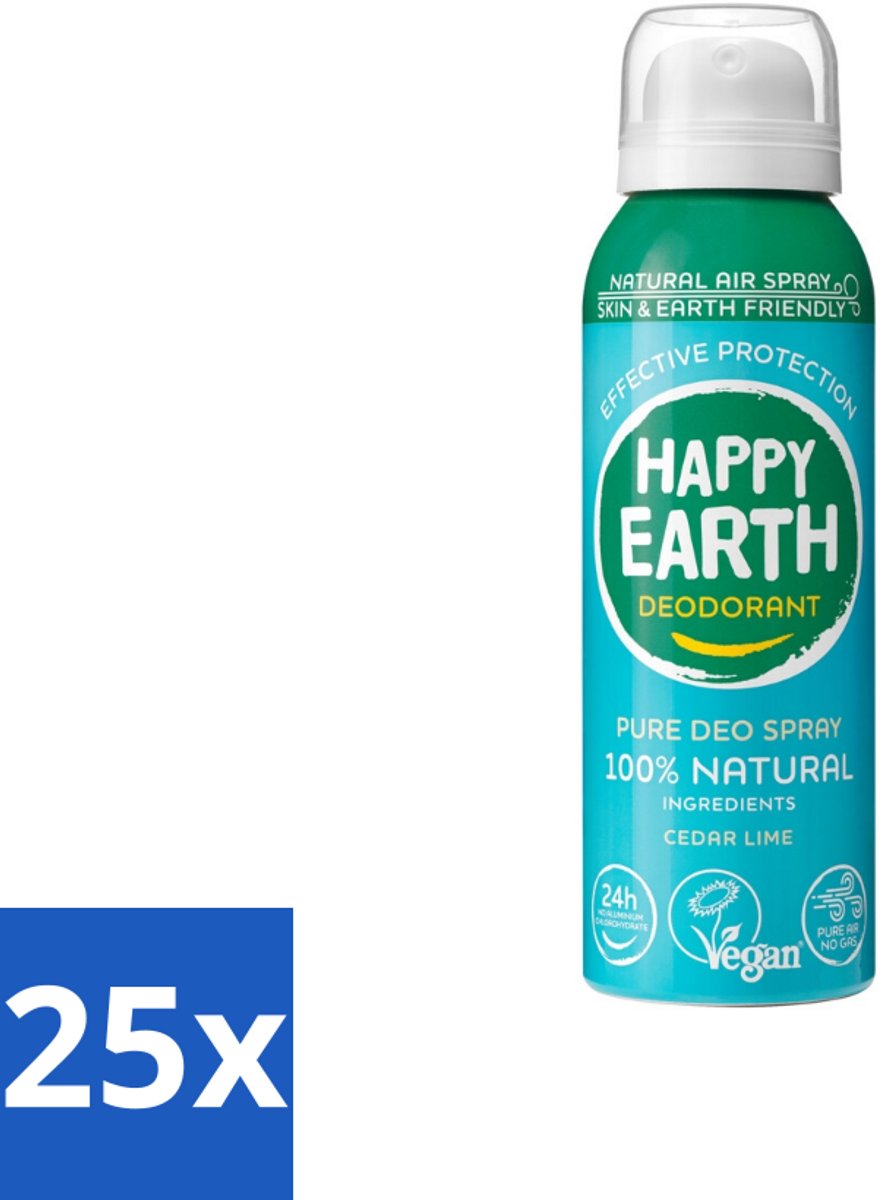 25 x Happy Earth – Deodorant Natural Air Spray – 100% Natuurlijk Cedar Lime – 100 ml - 100% Natuurlijke Deodorant - Ceder Lime Spray - Frisse Geur - Aerosol Deodorant - Natuurlijke Deodorant