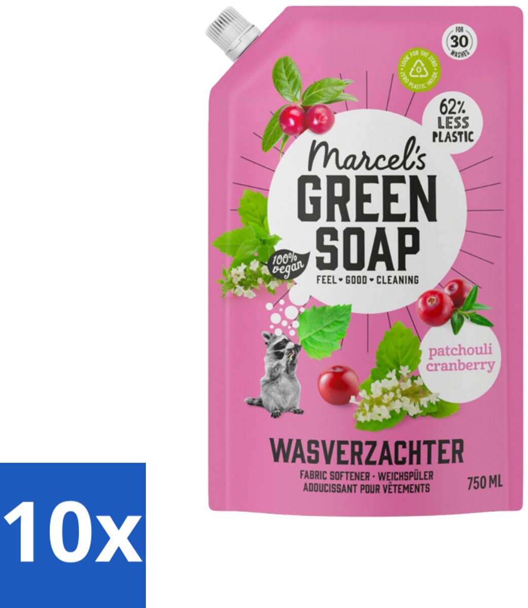10 x Marcel’s Green Soap – Wasverzachter – Patchouli & Cranberry - Navulling – 750 ml - Koffiezetapparaat