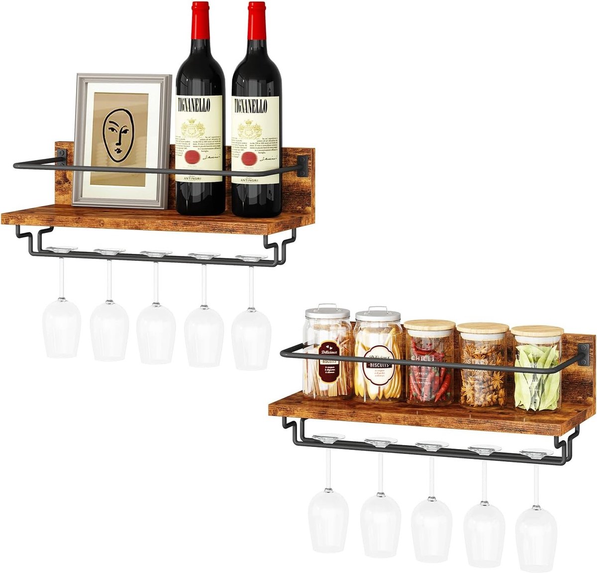 Wijnrek voor aan de muur, set van 2, houten wijnrekken in bruin, ideaal voor opslag en decoratie