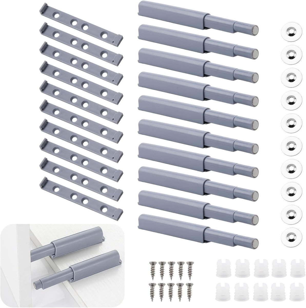 Set van 10 Push-to-Open Deuropenders voor Keukenkasten, Dempers en Soft Close Mechanismen voor Gemakkelijk Sluiten en Openen van Meubeldeuren