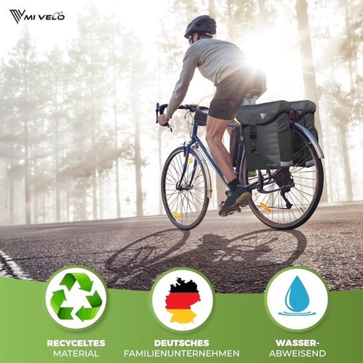 Fietstas van gerecycled materiaal - dubbele tas voor bagagedrager 36 liter - regenbescherming - MIK & Racktime adapter - fietstas dubbel