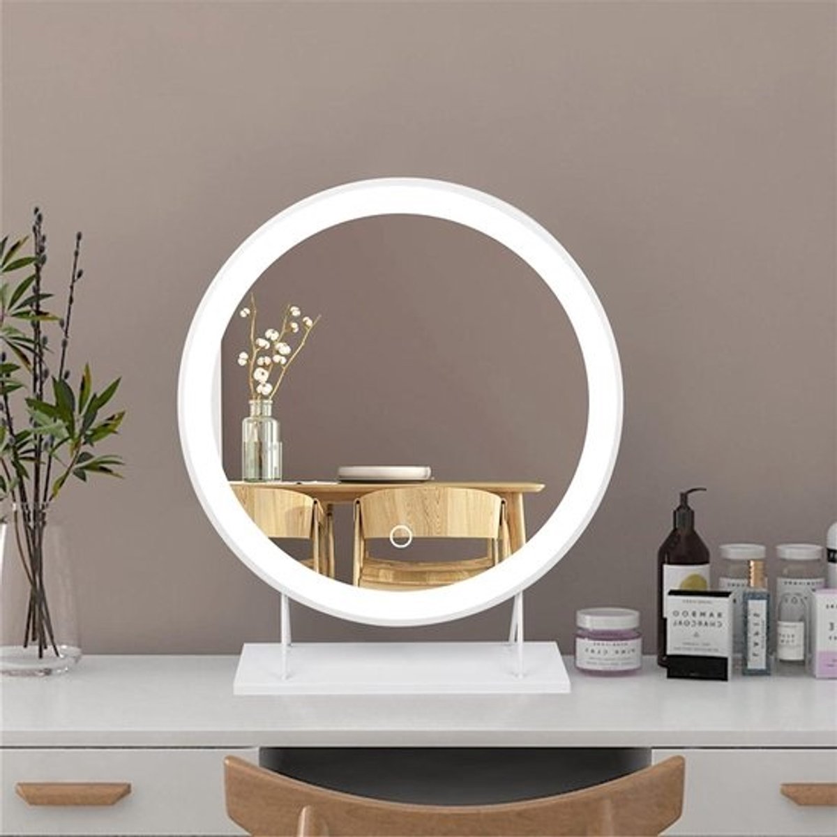 Make-up Spiegel - Cosmetica Spiegel Tafelspiegel - Make-up Aanbrengen - Verlicht met Aanraakknop - 50x50cm - Wit