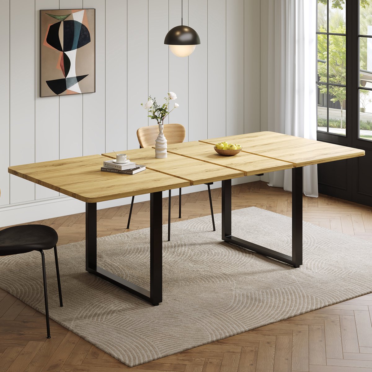 OKWISH Uitschuifbare Eettafel - Rechthoekig - Voor 6-10 Personen - Moderne Stijl - Naturel MDF en Metaal - 220 x 80 x 75 cm