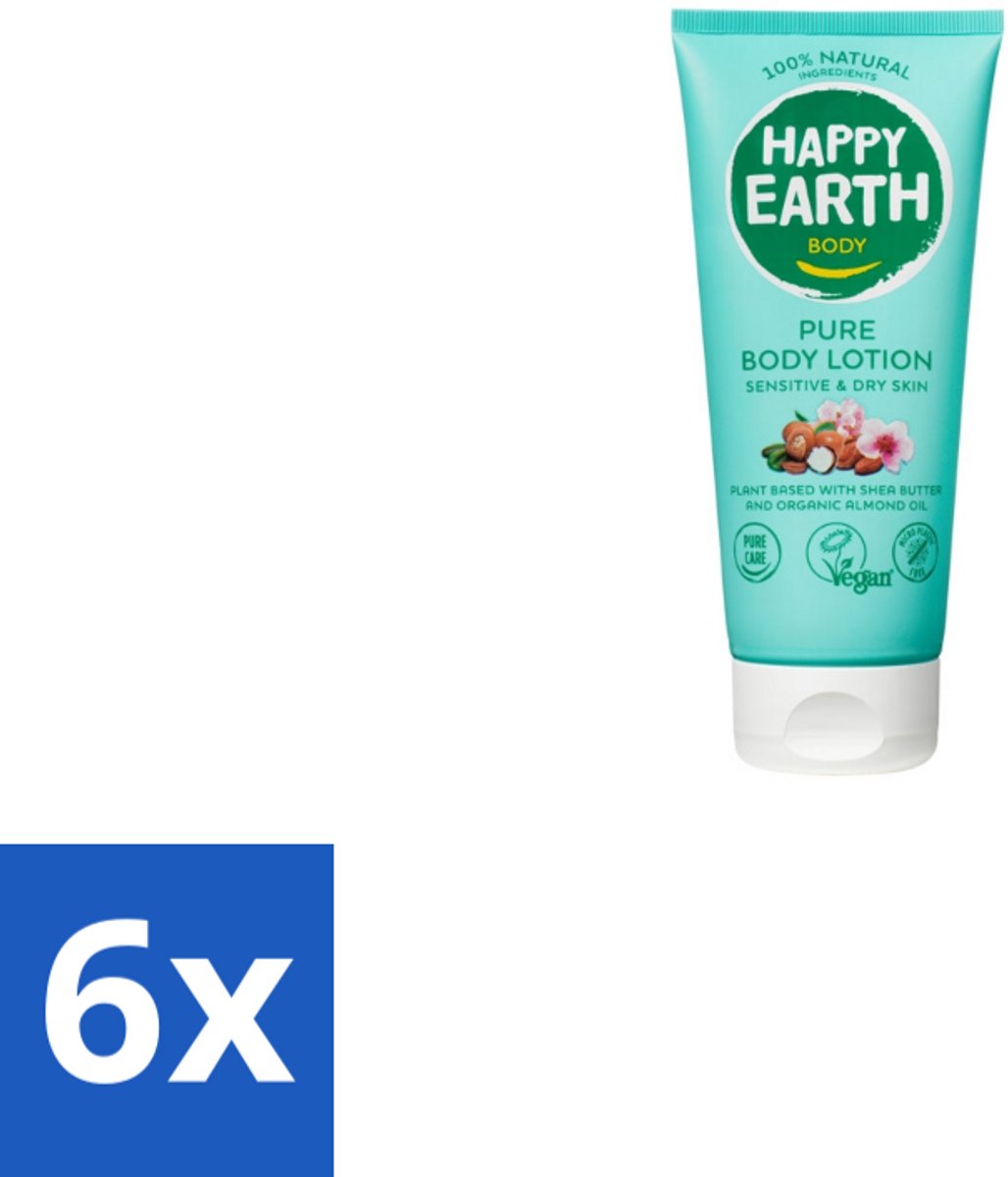 6 x Happy Earth – Bodylotion – 100% Natuurlijk – 200 ml - Natuurlijke Bodylotion - Vegan Bodylotion - Gezonde Huid - Droge Huid Verzorgen - Amandelolie
