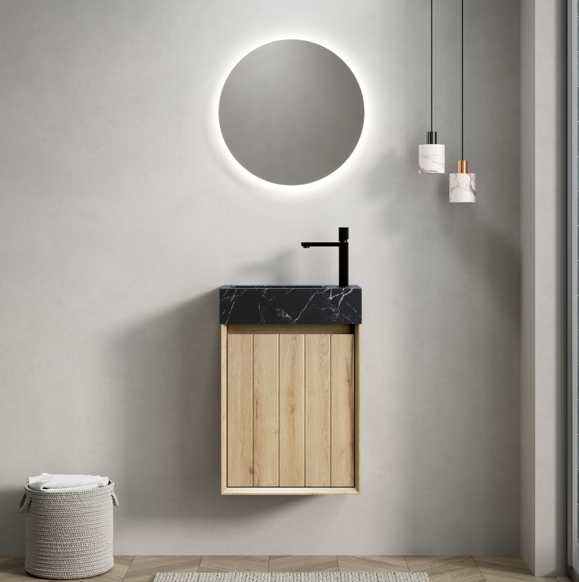 OKWISH Halmeubel - Wandgemonteerd Wastafelmeubel Met Geintegreerde Marmeren Wastafel En 1 Deur - Kleine Badkamer - Houtlook Zwart - 40 x 22 x 48 cm