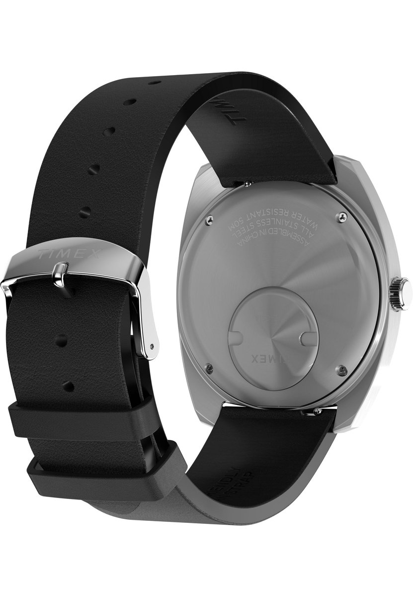 Timex Q Timex Enigma Quartz Analoog Horloge Zwart En Zilverkleurig Kast Gemaakt Van 100% Roestvrij Staal En Een Armband Van 100% Leer 37 TW2Y34500AJ