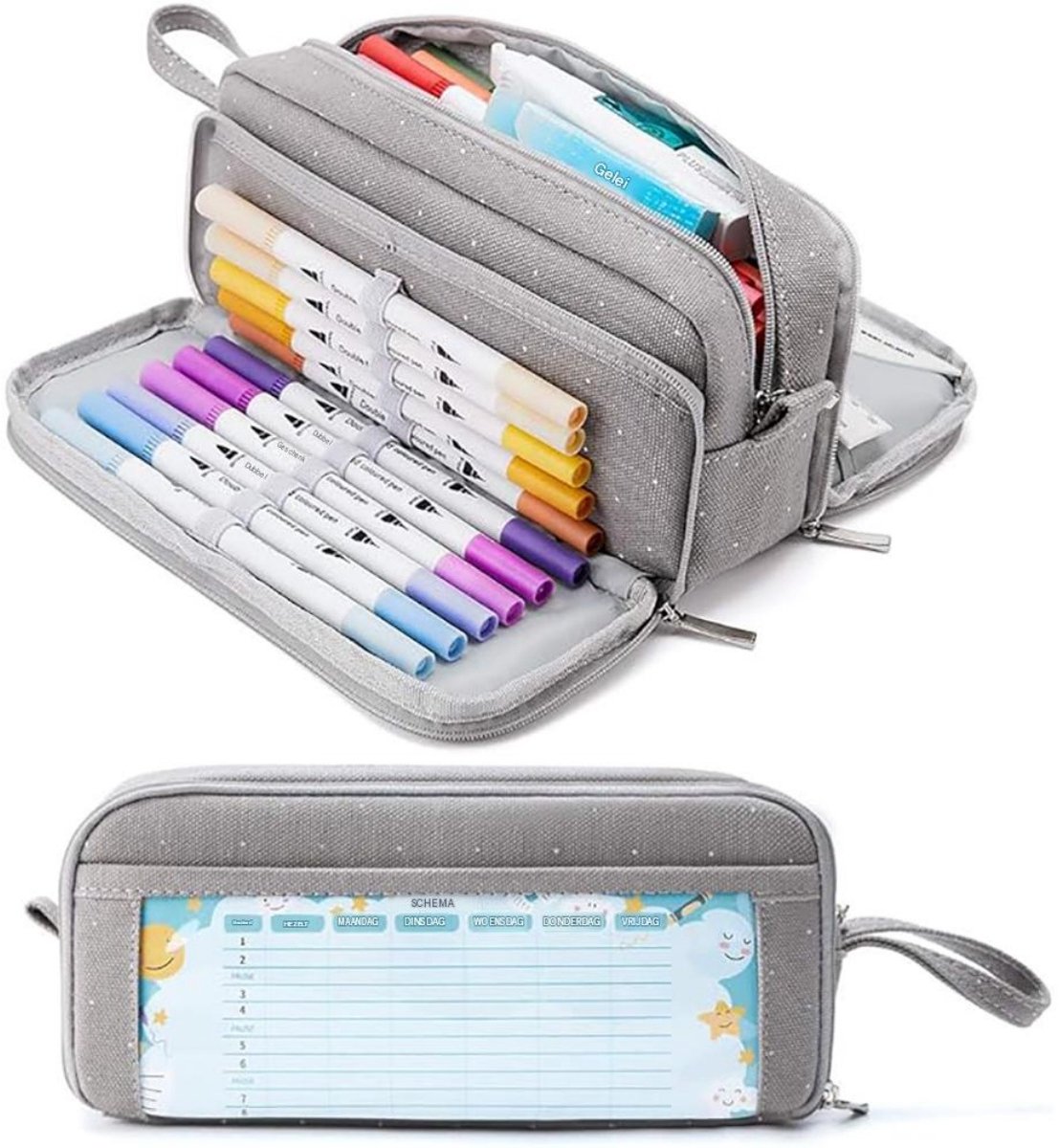 GELLDG Etui met 3 Vakken - Groot Formaat Pennen Etui - Multifunctioneel School en Kantoor Etui - Geschikt voor Pennen, Potloden en Accessoires - Stof Materiaal - Afmetingen 20,5x5,5x9cm