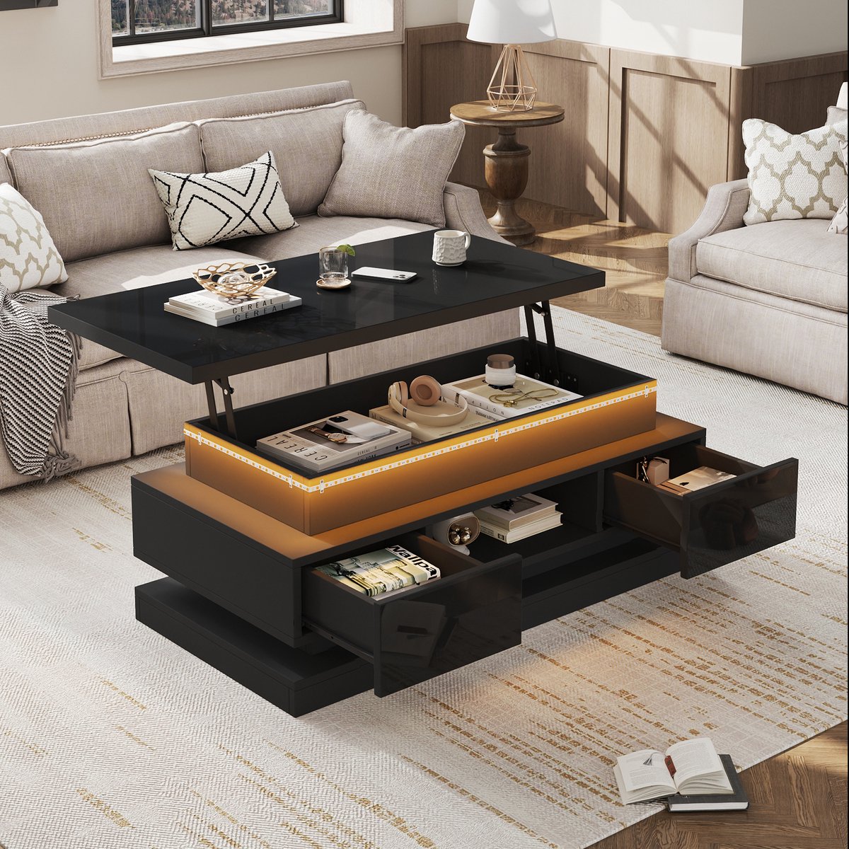 Wishdor Salontafel - Hoogteverstelbaar - 2 lades en opbergvak - Modern - LED - Hoogglans - Zwart - 100 x 50 x 40 cm