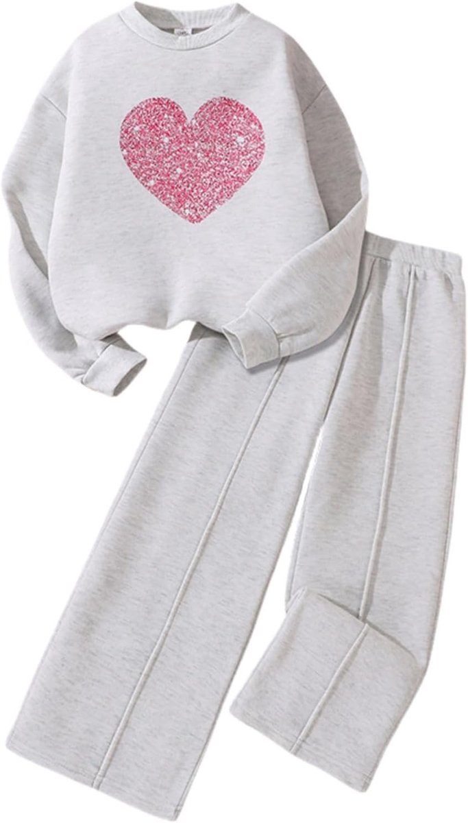 Meisjes Sweatshirt Outfit met Hartprint - Fleece Pullover en Broekset voor Kinderen van 8-12 Jaar, Comfortabele Kleding voor de Koude Dagen