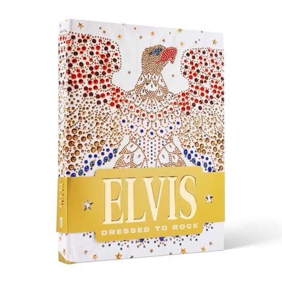 Boek met de titel 'Elvis Dressed to Rock', versierd met een adelaar-ontwerp van rode, witte en blauwe strass-steentjes.