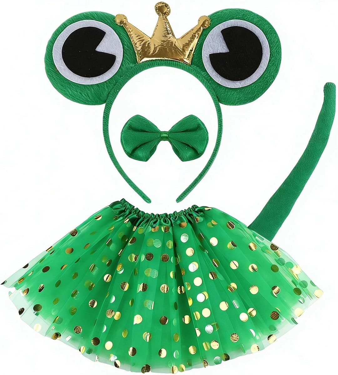 Set van 4 stuks kikkerkostuum met kikkeroor-hoofdband, vlinderdasje en kikkerstaart – perfect voor carnaval, cosplay en fantasierijke rollenspellen