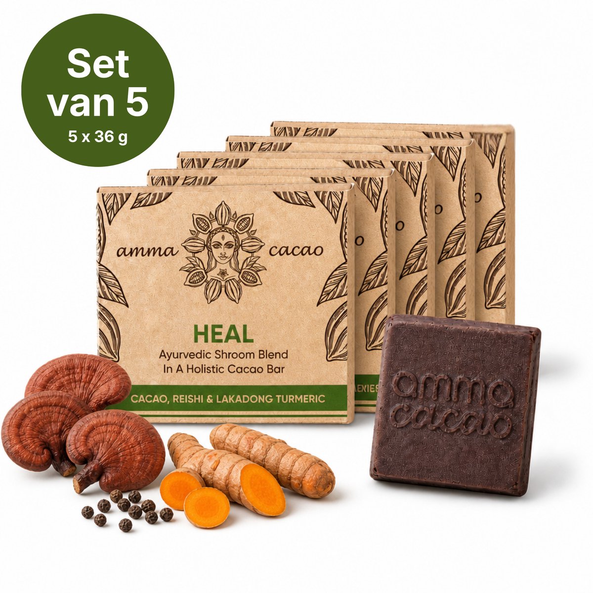 CacowGirls HEAL Cacao Bars – Ceremoniële Cacao met Reishi, Lakadong Kurkuma & Zwarte Peper – 5 x 36 g