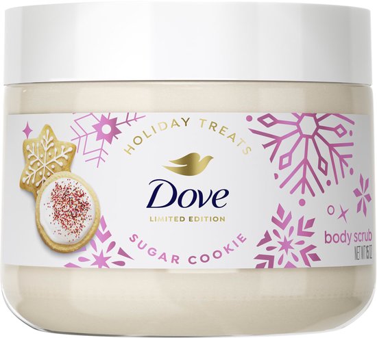 Dove Holiday Treats Sugar Cookie bodyscrub. Pot met witte en roze decoratie, met afbeeldingen van suikerkoekjes en sneeuwvlokken. Netto 15 oz.